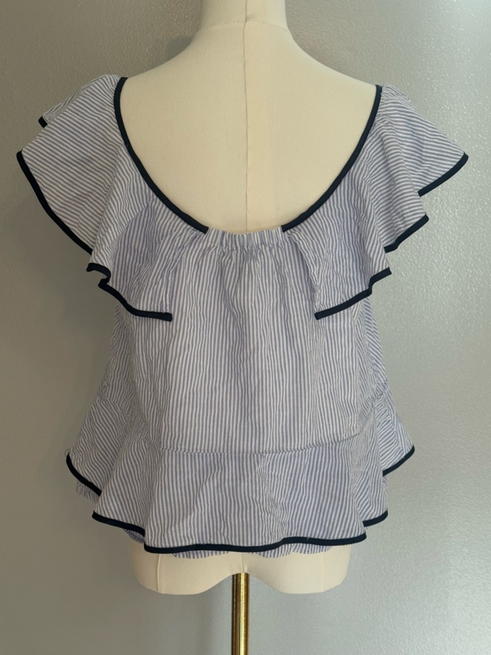 J. Crew Blue and White Striped Ruffle Off-Shoulder Top - Picture 4 of 6